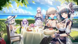 Rule 34 | 5girls, absurdres, anniversary, azur lane, belfast (azur lane), black dress, blue eyes, breasts, cake, chair, champagne flute, cheshire (azur lane), cleavage, cup, day, dress, drinking glass, elbow gloves, flower, food, food on body, food on breasts, fork, formidable (azur lane), frilled dress, frills, gloves, grey hair, hair ribbon, hat, hedge, highres, illustrious (azur lane), large breasts, long hair, maid, maid headdress, manjuu (azur lane), medium hair, multiple girls, outdoors, purple eyes, purple hair, red eyes, ribbon, sitting, soy chicken, stuffed animal, stuffed toy, stuffed winged unicorn, table, tablecloth, tea, teacup, teapot, tiered tray, unicorn (azur lane), white dress, white hair, white headwear