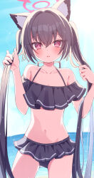 Rule 34 | 1girl, animal ear fluff, animal ears, bare arms, bare legs, bare shoulders, bikini, black bikini, black hair, blue archive, blush, breasts, cat ears, collarbone, cowboy shot, day, extra ears, frilled bikini, frills, halo, highres, long hair, ocean, official alternate costume, open mouth, outdoors, pink halo, punapuraaa, red eyes, serika (blue archive), serika (swimsuit) (blue archive), small breasts, solo, swimsuit, twintails, wet