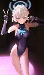 Rule 34 | 1girl, absurdres, armpits, bare shoulders, black gloves, blonde hair, blue archive, blue bow, blue bowtie, blue eyes, blunt bangs, bow, bowtie, breasts, covered navel, double v, elbow gloves, fingerless gloves, gloves, groin, halo, highleg, highres, kirikawa, leotard, looking at viewer, maid headdress, medium breasts, revision, short hair, solo, toki (blue archive), v