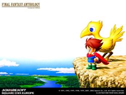 Rule 34 | 00s, 1990s (style), 1boy, 2002, bartz klauser, boco, brown hair, chocobo, cliff, copyright name, creature, final fantasy, final fantasy v, forest, full body, landscape, male focus, nature, outdoors, retro artstyle, river, scenery, shore, standing, water