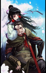Rule 34 | 1boy, 1girl, absurdres, arm support, armor, black hair, blue sky, cherry blossoms, chinese clothes, cloak, commentary, contrapposto, cover, covering another&#039;s eye, english commentary, falling petals, frown, fur trim, gauntlets, gemi ningen, green cloak, hair ribbon, hand on another&#039;s cheek, hand on another&#039;s face, hands on another&#039;s face, hanfu, highres, jeon ho, jian (weapon), jin soyeon, looking at another, looking to the side, petals, player na wa, polearm, profile, red eyes, ribbon, scar, sidelocks, sitting, sky, smile, standing, sword, topknot, tree, waist sash, weapon
