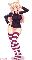 Rule 34 | 1girl, animal ear fluff, animal ears, arm up, blonde hair, blush, breasts, cat ears, commentary, drawstring, english commentary, full body, highres, hood, hood down, hoodie, large breasts, long hair, looking at viewer, no pants, nottytiffy, original, panties, red eyes, slit pupils, smile, solo, standing, striped clothes, striped thighhighs, thigh gap, thighhighs, tiffy (nottytiffy), underwear, white background, wide hips