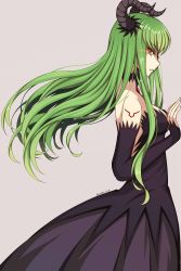 Rule 34 | 1girl, black dress, c.c., code geass, detached sleeves, dress, fang, floating hair, from side, gem, glowing, glowing eyes, green hair, grey background, highres, horns, long hair, looking at viewer, lucky keai, signature, simple background, sleeveless, sleeveless dress, solo, standing, striped clothes, striped dress, vampire (game), very long hair, yellow eyes