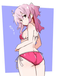 Rule 34 | &gt;:/, 1girl, :/, ahoge, ass, back, bikini, black eyes, blush, breasts, character request, closed mouth, copyright request, cowboy shot, from behind, hair between eyes, highres, long hair, looking at viewer, looking back, pink hair, ponytail, red bikini, shirogane (platinum), side-tie bikini bottom, sideboob, small breasts, solo, standing, strap gap, swimsuit, v-shaped eyebrows
