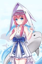 Rule 34 | 1girl, arknights, bare arms, bare shoulders, blue background, blue eyes, bow, commentary request, cowboy shot, dress, hair between eyes, hair bow, hands up, headgear, long hair, low twintails, pink hair, purestream (arknights), shadowllya, short dress, solo, standing, twintails, white bow, white dress