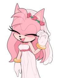 Rule 34 | 1girl, amy rose, animal ears, animal nose, bare shoulders, belt, bracelet, breasts, closed eyes, commentary, dress, english commentary, eyelashes, flower, furry, furry female, gem, gloves, gold bracelet, hand up, head wreath, hedgehog ears, hedgehog girl, jewelry, medium breasts, necklace, open mouth, pink belt, pink flower, pink fur, pink rose, rose, simple background, sleeveless, sleeveless dress, smile, solo, sonic (series), standing, tongue, toonsite, veil, wedding dress, white background, white dress, white gloves, yellow gemstone