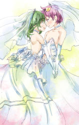 Rule 34 | 2girls, backless dress, backless outfit, bare shoulders, bridal gauntlets, choker, dress, eye contact, flat chest, from side, gloves, green hair, hair ornament, heart, heart hair ornament, holding hands, incest, interlocked fingers, komeiji koishi, komeiji satori, long hair, looking at another, multiple girls, pink hair, short hair, siblings, sisters, standing, strapless, strapless dress, touhou, veil, wedding dress, white gloves, wife and wife, yohane, yuri
