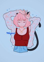 Rule 34 | 1girl, animal ears, artist name, bad id, bad twitter id, blue background, cat ears, cat tail, closed eyes, cropped legs, heart, heart print, jewelry, long sleeves, meyoco, momomiya ichigo, necklace, pink hair, short hair, simple background, smile, solo, sparkle, tail, tokyo mew mew