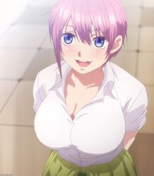 Rule 34 | 1girl, absurdres, blue eyes, breasts, cleavage, collarbone, go-toubun no hanayome, green skirt, hair between eyes, highres, large breasts, nakano ichika, open mouth, pink hair, school uniform, screencap, short hair, skirt, solo, stitched, teeth, third-party edit, upper teeth only