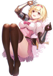 Rule 34 | 1girl, :d, arm up, ass, blonde hair, blush, boots, breasts, brown eyes, brown footwear, brown gloves, brown thighhighs, commentary request, djeeta (granblue fantasy), dress, fighter (granblue fantasy), frilled shirt, frills, gauntlets, gloves, granblue fantasy, hair intakes, hairband, heart, high-waist skirt, highres, knees up, legs, looking at viewer, lying, medium breasts, on back, open mouth, pink dress, pink hairband, pink skirt, puffy short sleeves, puffy sleeves, red eyes, ririko (zhuoyandesailaer), sheath, sheathed, shirt, short hair, short sleeves, simple background, skirt, smile, solo, sword, teeth, thigh boots, thighhighs, upper teeth only, weapon, white background, white shirt