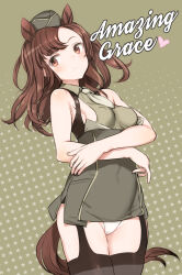 Rule 34 | 1girl, animal ears, brown eyes, brown hair, covered erect nipples, english text, garter straps, grace maitland steward, hat, horse ears, horse girl, horse tail, long hair, looking at viewer, luminous witches, military hat, necktie, panties, shimada fumikane, sleeveless, solo, tail, thighhighs, underwear, world witches series
