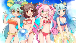 Rule 34 | 4girls, ;d, ahoge, animal ears, arm behind head, arm up, ball, beachball, bikini, blue bikini, blue bow, blue eyes, blue hair, blue sky, blush, bow, breasts, brown eyes, brown hair, cat ears, cat girl, cat tail, cleavage, cloud, cloudy sky, commentary request, cow ears, cow girl, cow horns, day, fang, front-tie bikini top, front-tie top, green eyes, green hair, groin, hair bow, hair ornament, halterneck, hand up, heart, heart ahoge, heart hair ornament, high ponytail, highres, holding, holding ball, holding swim ring, holmy (show by rock!!), horns, innertube, jacqueline (show by rock!!), medium breasts, multiple girls, navel, nyama, one eye closed, open mouth, orange bikini, outdoors, pink hair, ponytail, red bikini, red eyes, rosia (show by rock!!), show by rock!!, sky, smile, spade hair ornament, sparkling eyes, strapless, strapless bikini, striped, striped bow, swim ring, swimsuit, tail, transparent, tsukino (show by rock!!), twintails, v