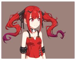 1girl artist_name bad_id bad_pixiv_id brown_background cz75_(girls&#039;_frontline) detached_collar female_focus girls&#039;_frontline gradient_hair long_hair looking_away multicolored_hair purple_hair red_eyes red_hair red_shirt shirt sizque sleeveless sleeveless_shirt solo twintails upper_body