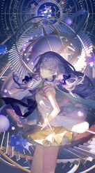 Rule 34 | 1girl, arcaea, aries (constellation), bad hands, bow, breasts, commentary, constellation, dress, english commentary, film grain, highres, jacket, lagrange (arcaea), libra (constellation), lobelia (saclia), long hair, looking at viewer, monocle, open clothes, open jacket, orb, outstretched hand, purple background, purple bow, purple eyes, purple hair, sagittarius (constellation), serious, small breasts, solo, stairs, taurus (constellation), virgo (constellation), white jacket, yellow dress