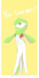 Rule 34 | 1girl, absurdres, blush, blush stickers, bob cut, border, closed mouth, colored skin, creatures (company), ddingyong, drop shadow, english text, female focus, flat chest, from side, full body, game freak, gardevoir, gen 3 pokemon, green hair, green skin, hair over one eye, happy, highres, legs, long legs, looking at viewer, multicolored skin, nintendo, one eye covered, pokemon, pokemon (creature), red eyes, short hair, simple background, sketch, smile, solo, standing, thighs, two-tone skin, white border, white skin, yellow background