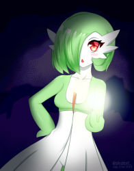Rule 34 | 1girl, absurdres, akatori (redbird), artist name, blush, blush stickers, breasts, collarbone, cowboy shot, creatures (company), dated, dutch angle, female focus, game freak, gardevoir, gen 3 pokemon, green hair, hair over one eye, hand on own hip, hand up, highres, light, looking at viewer, nintendo, pokemon, pokemon (creature), purple background, red eyes, short hair, simple background, small breasts, solo, standing, twitter username, watermark