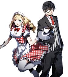 Rule 34 | 1boy, 1girl, amamiya ren, apron, black hair, blonde hair, blue eyes, breasts, butler, cup, formal, gloves, highres, long hair, looking at viewer, maid, maid apron, maid headdress, nakano maru, necktie, one eye closed, persona, persona 5, short hair, smile, suit, takamaki anne, teacup, twintails, unmoving pattern, waist apron