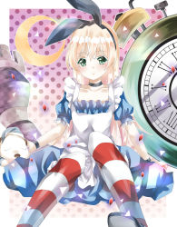 Rule 34 | 10s, 1girl, alarm clock, alice (alice in wonderland), alice in wonderland, bad id, bad pixiv id, bow, chess piece, clock, dress, hair bow, hat, kantai collection, maid, moon, pajamas, priyaphr, ribbon, shimakaze (kancolle), solo, striped clothes, striped thighhighs, stuffed animal, stuffed toy, thighhighs, white thighhighs