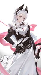 Rule 34 | 1girl, apron, arknights, black dress, closed mouth, dress, drone (drone 37), earrings, feet out of frame, grey eyes, grey hair, hand on own hip, head tilt, head wings, highres, holding, holding weapon, irene (arknights), irene (voyage of feathers) (arknights), jewelry, juliet sleeves, long hair, long sleeves, looking at viewer, maid, maid headdress, necklace, official alternate costume, ponytail, puffy sleeves, scar, scar across eye, scar on face, simple background, solo, standing, very long hair, weapon, white apron, white background, wings