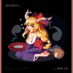Rule 34 | 1girl, :d, alcohol, artist name, bare shoulders, barefoot, black background, bow, cup, dated, dress, drunk, full body, gourd, hair bow, holding, holding cup, horn ornament, horn ribbon, horns, ibuki suika, king liu, long hair, looking at viewer, low-tied long hair, open mouth, orange eyes, orange hair, pixel art, purple dress, red bow, ribbon, sakazuki, sake, simple background, single horn, sitting, smile, solo, squeans, touhou, twitter username