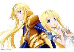 Rule 34 | 2girls, absurdres, aged down, alice zuberg, armor, artist request, blonde hair, blue eyes, gold armor, highres, long hair, looking at viewer, multiple girls, official art, simple background, sword, sword art online, sword art online: alicization, weapon, white background