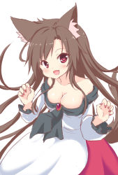 Rule 34 | 1girl, animal ears, bad id, bad pixiv id, blush, breasts, brooch, brown hair, cleavage, collarbone, dress, fang, hakuto (28syuku), heart, heart-shaped pupils, imaizumi kagerou, jewelry, long hair, long sleeves, looking at viewer, nail polish, open mouth, red eyes, simple background, smile, solo, symbol-shaped pupils, tail, touhou, white background, wolf ears, wolf tail
