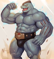 Rule 34 | 1boy, abs, arm up, bara, bare pectorals, belt, black briefs, black male underwear, blue skin, bulge, colored skin, creatures (company), dsharp, fangs, feet out of frame, flexing, game freak, gen 1 pokemon, large pectorals, lying, machoke, male focus, male underwear, muscular, nintendo, no nipples, on back, pectorals, pokemon, pokemon (creature), red eyes, smile, solo, thick thighs, thighs, tongue, underwear