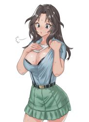 Rule 34 | 1girl, puff of air, aoshidan school uniform, belt, black belt, black bra, black eyes, black hair, blowing, blue shirt, bra, breasts, breath, cleavage, collar tug, collared shirt, commentary, cowboy shot, dark-skinned female, dark skin, el (girls und panzer), girls und panzer, green skirt, hair intakes, highres, lace, lace-trimmed bra, lace trim, large breasts, long hair, miniskirt, partially unbuttoned, pleated skirt, school uniform, shirt, short sleeves, simple background, skirt, solo, standing, suspenders, sweat, underwear, white background, wiping sweat, yamano rita
