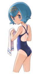 Rule 34 | 1girl, ass, blue eyes, blue hair, bright pupils, closed mouth, cowboy shot, creatures (company), dot nose, drawfag, from behind, game freak, hair ornament, holding, holding towel, lana (pokemon), looking at viewer, looking back, matching hair/eyes, nintendo, no sclera, one-piece swimsuit, pokemon, pokemon sm, short hair, simple background, solo, swimsuit, tan, tanline, tareme, towel, wet, white background, white pupils