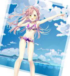 Rule 34 | 1girl, :d, arm up, armpits, bad id, bad pixiv id, bikini, blue nails, blush, breasts, cleavage, collarbone, floating hair, frilled bikini, frills, hand in own hair, highres, kotori (gokigen iori), long hair, looking at viewer, nail polish, open mouth, original, outstretched arm, pink hair, small breasts, smile, solo, swimsuit, yellow eyes