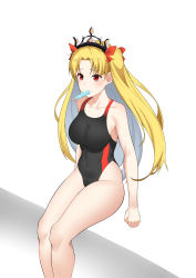 Rule 34 | 1girl, absurdres, alternate costume, arms at sides, bare arms, bare shoulders, black one-piece swimsuit, blonde hair, blush, breasts, collarbone, commentary, earrings, embarrassed, ereshkigal (fate), fate/grand order, fate (series), from above, from side, highres, ice, in mouth, jewelry, laan (0110), large breasts, legs together, long hair, looking at viewer, one-piece swimsuit, parted bangs, popped collar, red eyes, ribbon, simple background, sitting, skin tight, solo, swimsuit, thighs, tiara, two side up, very long hair, white background