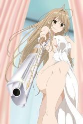 Rule 34 | 10s, 1girl, amagi brilliant park, antenna hair, bath, blush, breasts, brown eyes, brown hair, covering privates, gun, highres, large breasts, legs, long hair, looking at viewer, musket, naked towel, nude, nude cover, qq (906680615), sento isuzu, solo, standing, thighs, towel, weapon, yellow eyes