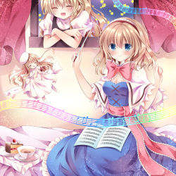 Rule 34 | 2girls, adapted costume, alice margatroid, conductor baton, beamed quavers, blonde hair, blue eyes, blush, bow, breasts, cake, capelet, cleavage, cup, closed eyes, food, hairband, kirisame marisa, long hair, multiple girls, musical note, nogi takayoshi, open mouth, quaver, shanghai doll, sheet music, short hair, sitting, smile, staff (music), touhou, window