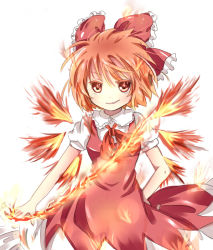 Rule 34 | 1girl, achi cirno, alternate color, alternate element, bad id, bad pixiv id, bow, cirno, colored eyelashes, dress, eyelashes, fiery wings, fire, hair bow, hand on own hip, hip focus, matching hair/eyes, mitsu yomogi, orange eyes, orange hair, red eyes, red hair, short hair, smirk, solo, touhou, wings