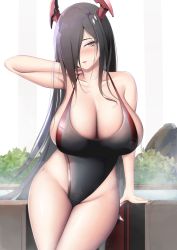 Rule 34 | 1girl, absurdres, alternate costume, azur lane, black hair, black one-piece swimsuit, breasts, cleavage, commission, competition swimsuit, covered navel, d.j (dwcg2854), friedrich der grosse (azur lane), hair over one eye, highleg, highleg swimsuit, highres, horns, huge breasts, iron blood (emblem), long hair, looking at viewer, mechanical horns, multicolored clothes, multicolored swimsuit, nail polish, one-piece swimsuit, pixiv commission, pool, poolside, red horns, sexually suggestive, sideboob, skindentation, solo, swimsuit, thighs, two-tone swimsuit, very long hair, yellow eyes