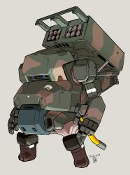 Rule 34 | bad id, bad twitter id, blue eyes, dated, grey background, highres, jgsdf type 07 tank natchin, looking ahead, mecha, missile pod, moi moi7, no humans, open hands, original, robot, science fiction, solo, standing