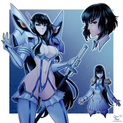 Rule 34 | 1girl, absurdres, artist name, bakuzan, black hair, blue eyes, boots, breasts, cleavage, closed mouth, commentary, cowboy shot, cropped legs, english commentary, epaulettes, frown, gloves, hands up, highres, holding, holding sword, holding weapon, junketsu, katana, kill la kill, kiryuuin satsuki, kluverdesigns, large breasts, long hair, long sleeves, looking at viewer, looking to the side, multiple views, navel, parted lips, pleated skirt, revealing clothes, school uniform, short hair, skirt, stomach, sword, thigh boots, very long hair, weapon, white footwear, white gloves, white skirt