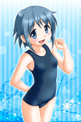 Rule 34 | 10s, 1girl, :d, blue eyes, blue hair, blush, mahou shoujo madoka magica, mahou shoujo madoka magica (anime), matching hair/eyes, miki sayaka, neopure, one-piece swimsuit, open mouth, school swimsuit, short hair, smile, solo, swimsuit
