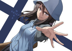 Rule 34 | 1girl, blue hat, blue jacket, blue skirt, blurry, blurry foreground, brown eyes, brown hair, character name, closed mouth, commentary, depth of field, dutch angle, emblem, finnish flag, flag background, foreshortening, girls und panzer, hat, holding, holding instrument, instrument, jacket, kantele, keizoku military uniform, long hair, long sleeves, looking at viewer, mika (girls und panzer), military, military uniform, pairan, pleated skirt, raglan sleeves, reaching, reaching towards viewer, romaji text, skirt, smile, smirk, solo, standing, track jacket, uniform, v-shaped eyebrows, zipper