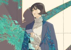 Rule 34 | 1girl, absurdres, brown hair, highres, holding, holding paper, jacket, jacket on shoulders, leaf, original, paper, parted lips, plant, shirt, short hair, sleeves past wrists, solo, sweater, tanaka hirotaka, turtleneck, upper body, white shirt, white sweater