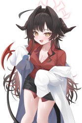 Rule 34 | 1girl, ahoge, black hair, black horns, black shorts, black tail, blue archive, blush, breasts, cleavage, coat, collarbone, collared shirt, demon horns, fang, feet out of frame, hair intakes, halo, horns, kasumi (blue archive), lab coat, long hair, looking at viewer, medium breasts, mujinbensin, open mouth, red halo, red shirt, shirt, shirt tucked in, shorts, simple background, skin fang, sleeves past fingers, sleeves past wrists, smile, solo, white background, white coat, yellow eyes