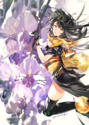Rule 34 | 1girl, antenna hair, artist name, black dress, black eyes, black gloves, black hair, black hat, black thighhighs, dress, flower, flying, fur scarf, gloves, hat, highres, looking at viewer, medium dress, mini person, minigirl, original, parted lips, personification, sash, scarf, short sleeves, signature, solo, thighhighs, umishima senbon, wisteria, yellow sash, yellow scarf