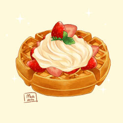 Rule 34 | artist name, commentary, dated, english commentary, food, food focus, fruit, meikitefuka, no humans, original, realistic, simple background, sparkle, still life, strawberry, waffle, whipped cream, yellow background