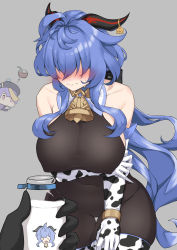 Rule 34 | &gt; &lt;, 2021, 2girls, absurdres, alternate breast size, animal print, apj, bare shoulders, bell, blue hair, blush, bodystocking, bottle, breasts, coconut, covered erect nipples, cow print, cowbell, drink, drinking straw, ear tag, elbow gloves, ganyu (genshin impact), genshin impact, gloves, goat horns, hair over eyes, hat, highres, horns, large breasts, milk, milk bottle, multiple girls, qiqi (genshin impact), see-through, sweatdrop, thighhighs