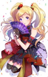 Rule 34 | 1girl, absurdres, bare shoulders, black gloves, black thighhighs, blonde hair, blurry, closed mouth, commentary request, confetti, depth of field, emily stewart, floral print, flower, folding fan, gloves, hair flower, hair ornament, hanasakuya (idolmaster), hand fan, highres, idolmaster, idolmaster million live!, idolmaster million live! theater days, japanese clothes, lace, lace-trimmed legwear, lace trim, long hair, looking at viewer, purple eyes, shadow, simple background, smile, solo, thighhighs, twintails, white background, witoi (roa)