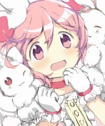 Rule 34 | 10s, 1girl, :3, choker, fluffy, frilled gloves, frilled sleeves, frills, gloves, good end, hair ribbon, highres, hitode, kaname madoka, kyubey, magical girl, mahou shoujo madoka magica, mahou shoujo madoka magica (anime), one eye closed, open mouth, pink eyes, pink hair, pink ribbon, puffy short sleeves, puffy sleeves, ribbon, short hair, short sleeves, short twintails, swept bangs, twintails, upper body, wavy mouth, white gloves