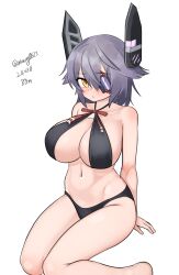 Rule 34 | 1girl, absurdres, alternate costume, bare shoulders, barefoot, bikini, black bikini, blush, breasts, cleavage, closed mouth, commentary request, criss-cross halter, dated, eyepatch, foot out of frame, halterneck, highres, kantai collection, large breasts, maru (marg0613), navel, one-hour drawing challenge, purple hair, short hair, simple background, solo, swimsuit, tenryuu (kancolle), twitter username, white background, yellow eyes