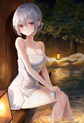 Rule 34 | 1girl, bare arms, bare shoulders, breasts, cleavage, closed mouth, collarbone, expressionless, fence, grey hair, hair between eyes, hair bun, heeri, highres, holding cloth, lamp, looking at viewer, looking to the side, medium breasts, mole, mole under eye, naked towel, night, onsen, original, outdoors, red eyes, ripples, short hair, sidelocks, single hair bun, single side bun, sitting, snow, soaking feet, solo, thighs, towel, tree, water, wet, white towel, wooden fence