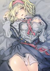Rule 34 | 1girl, alice margatroid, bed, bed sheet, blonde hair, blouse, blue dress, blue eyes, blush, breasts, capelet, dress, dress shirt, eyes visible through hair, geppewi, gradient background, groin, hairband, hand on own chest, looking at viewer, lying, on back, open clothes, open dress, open mouth, panties, panty pull, sash, shirt, short hair, solo, touhou, underwear, white shirt