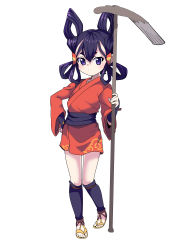 Rule 34 | 1girl, absurdres, black hair, blush, child, commentary, delrah, full body, hair ornament, hair rings, hair tubes, highres, holding, holding hoe, japanese clothes, kimono, looking at viewer, purple eyes, red kimono, sakuna-hime, short eyebrows, short kimono, simple background, solo, standing, tensui no sakuna-hime, white background